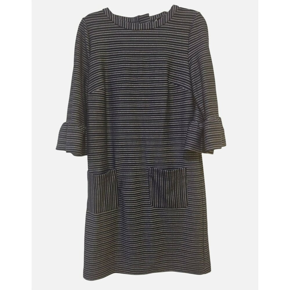 Tu Navy White Striped Tunic Midi Dress Flounce Sleeve Front Pocket Size 8